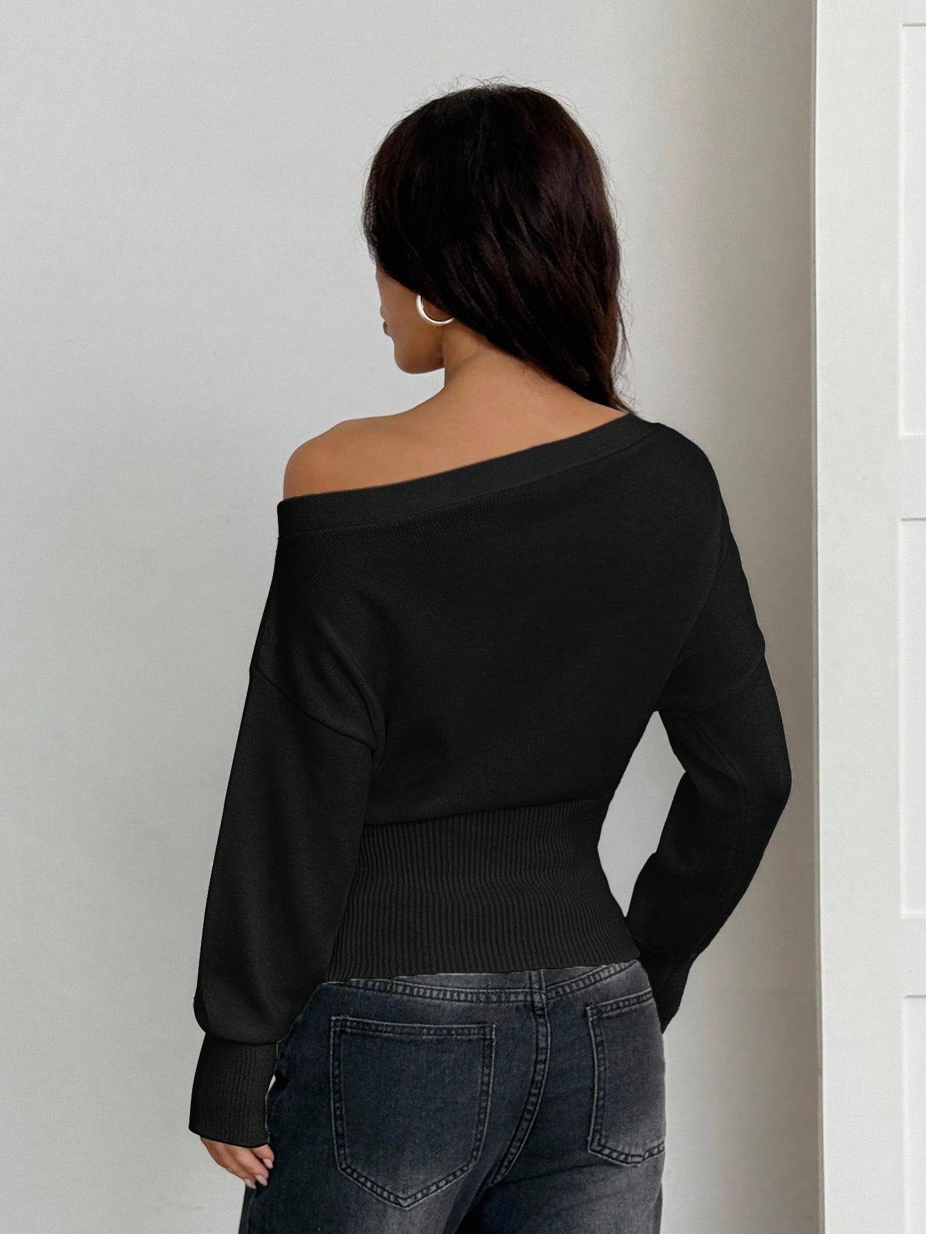 Beige Oversized Floral Asymmetrical Shoulder Romantic Loose Knit Sweater, Autumn/Winter