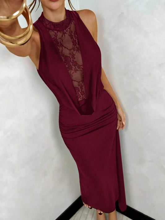 Black lace dress with a deep neckline and bodycon fit for women - an elegant and figure-hugging dress