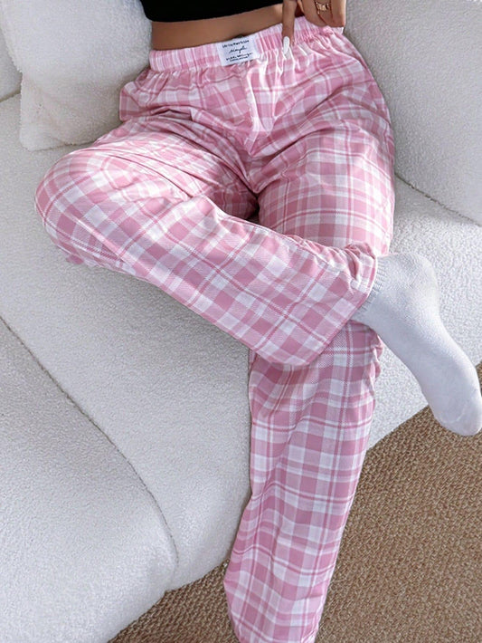 Adore Women's Pyjama Pants Pink Check Pattern Elastic Waist Straight Leg Comfortable Nightwear Stylish Comfortable Trousers