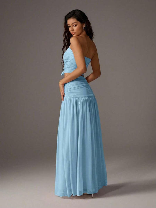 2-Piece Set Women's Holiday Romantic Pink Mesh Bandeau Top and High-Waisted Ruched Mesh Maxi Skirt, Spring/Summer